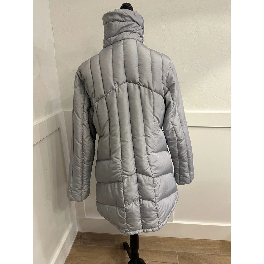 Quilted Puffer Jacket Gray Pink Collar Button Front‎ Women's Warm Winter Coat
